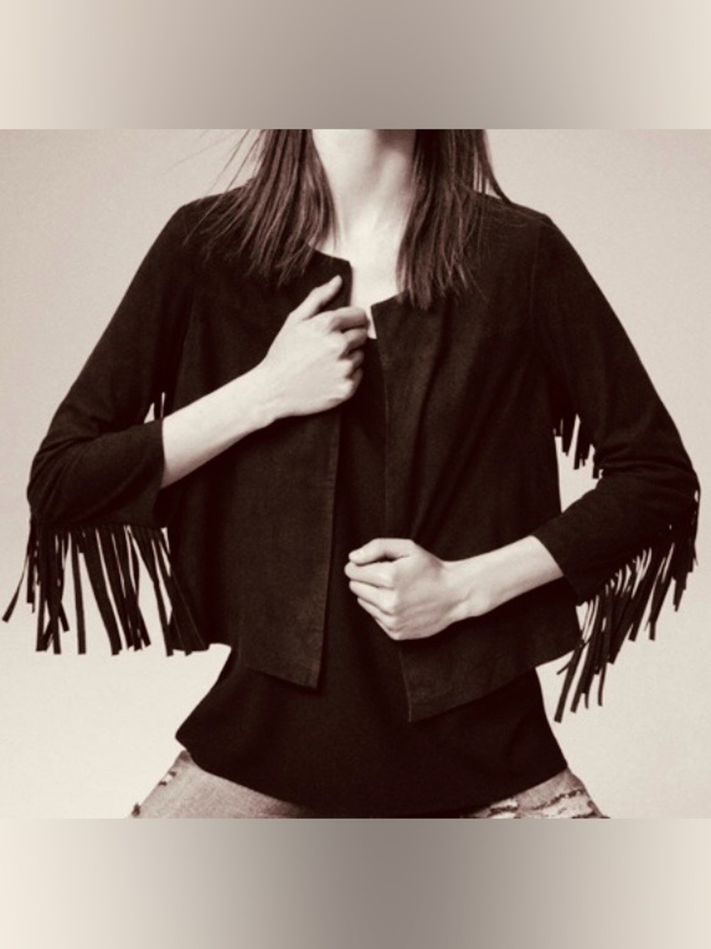 Mango Leather Fringe Black Jacket 3/4 sleeves for Women